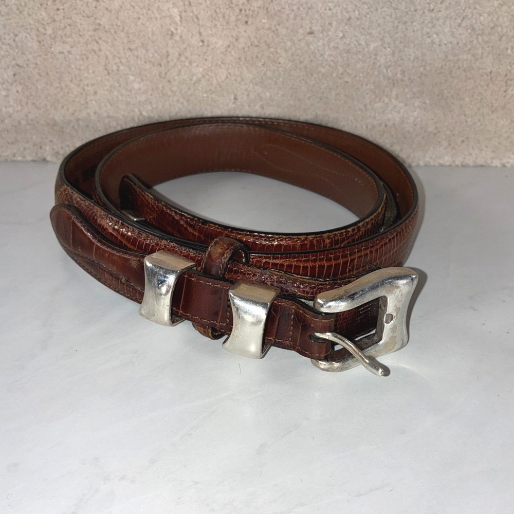 Brighton Brown Lizard Embossed Leather Belt - 38 - Western Silver Tip Boho USA